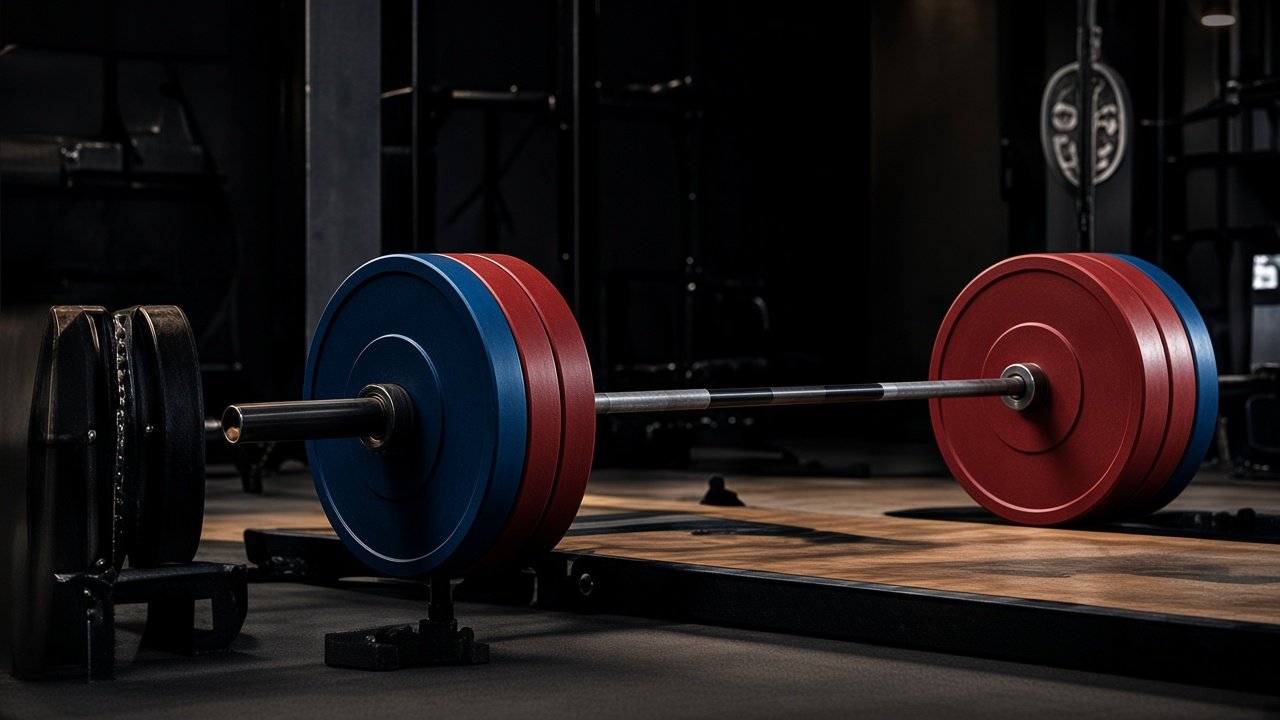Bilanciere e dischi da powerlifting su pedana